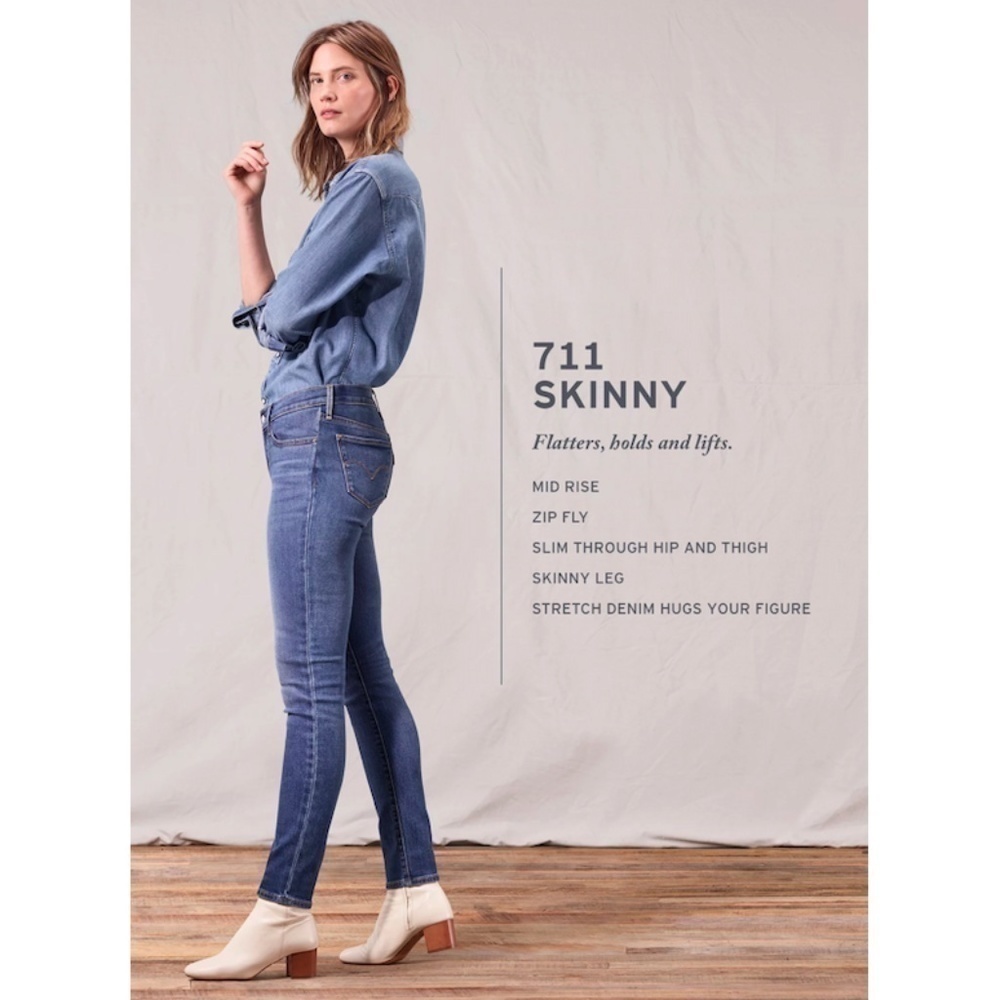 LEVI'S "711" Classic Iconic Mid Rise Skinny Dark Wash Stretch Denim Jean…​​